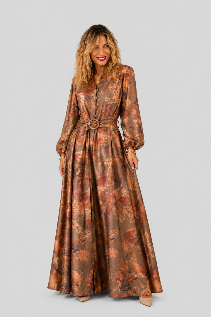 Maxi Φόρεμα Floral με Ζώνη &amp; Κουμπιά σε Earth Tones