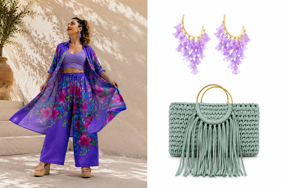 Γυναικείο μωβ floral σετ με matching statement σκουλαρίκια και mint πλεκτή τσάντα σε fashion editorial σύνθεση”