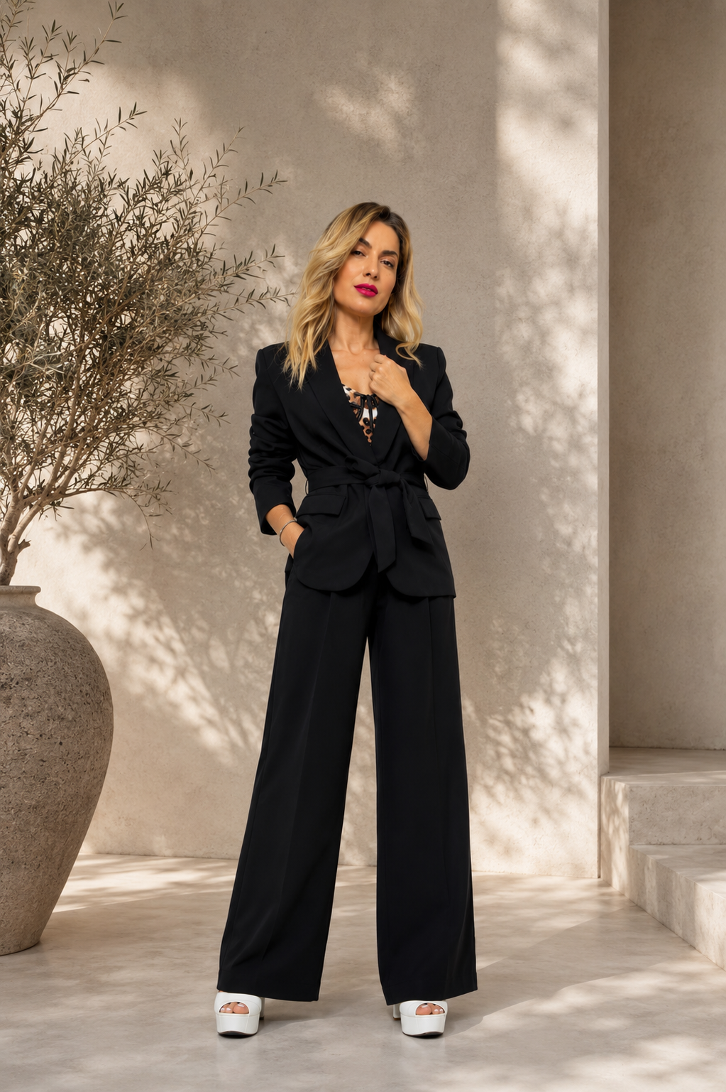 Animal print κορσές με μαύρο tailored παντελόνι σε luxury fashion background