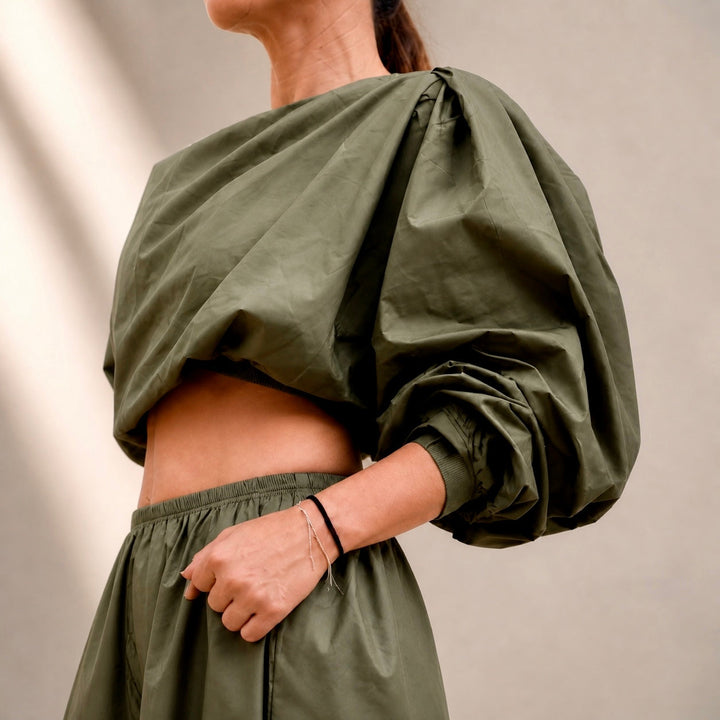 olive co ord set detail oversized sleeve cropped top elastic waist fabric close
