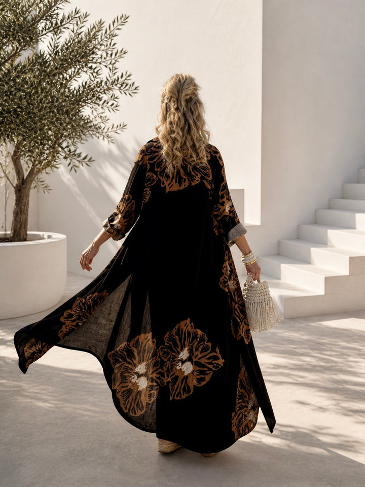 Boho chic γυναικείο σετ κιμονό και παντελόνι με φυσικά κοσμήματα και πλεκτή τσάντα