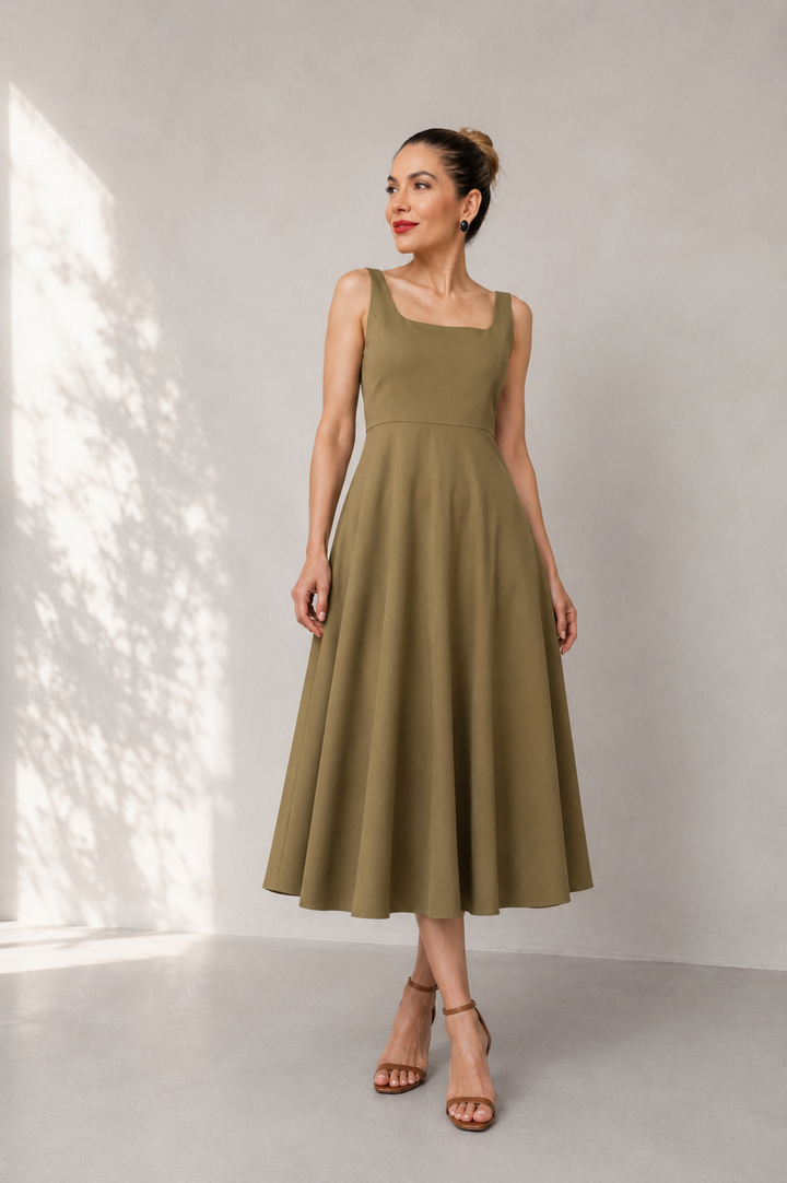 Γυναικείο αμάνικο midi φόρεμα σε απόχρωση warm olive με Α-line γραμμή και minimal κομψό σχεδιασμό.