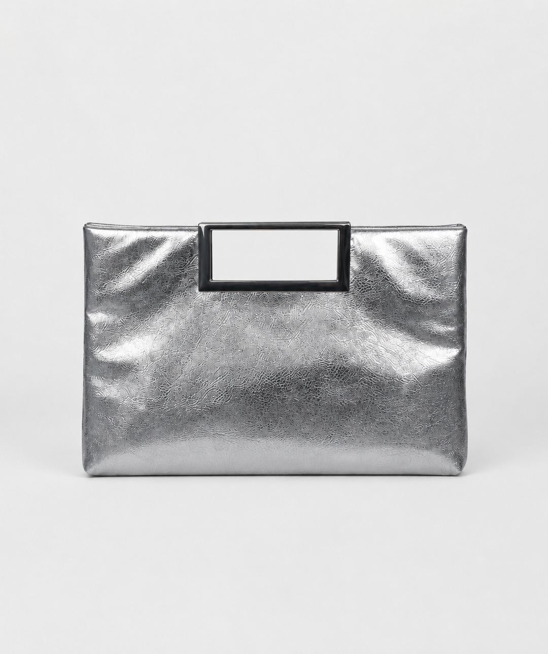     Silver metallic clutch τσάντα με geometric λαβή