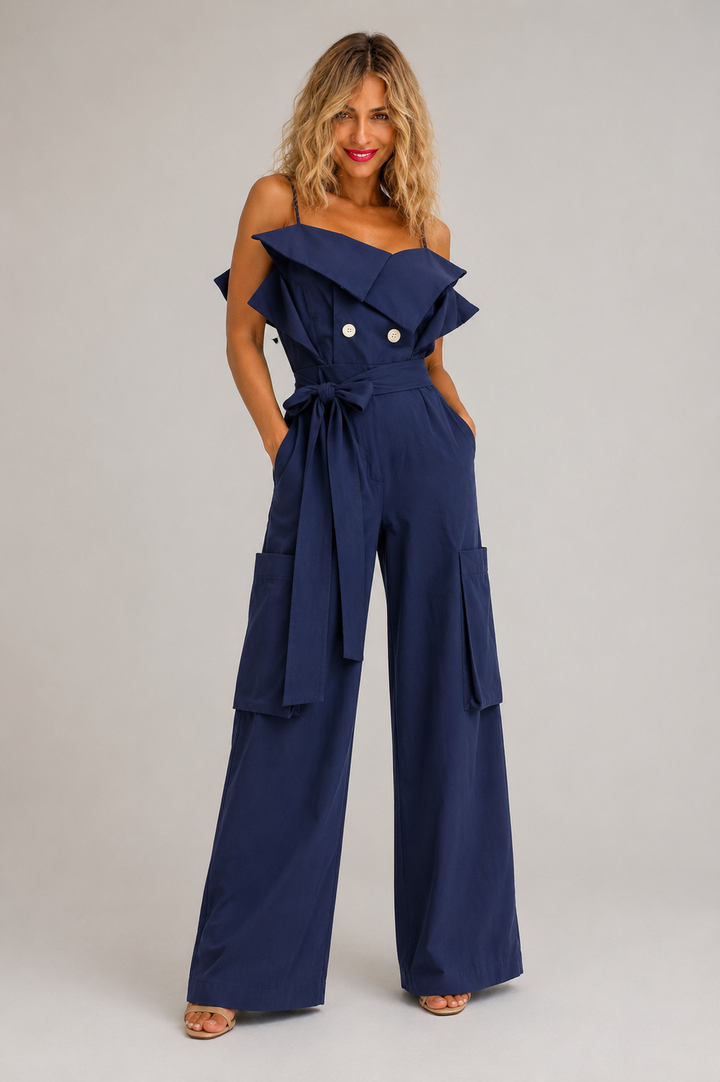 Ολόσωμη Φόρμα Navy με Oversized Γιακά &amp; Cargo Τσέπες