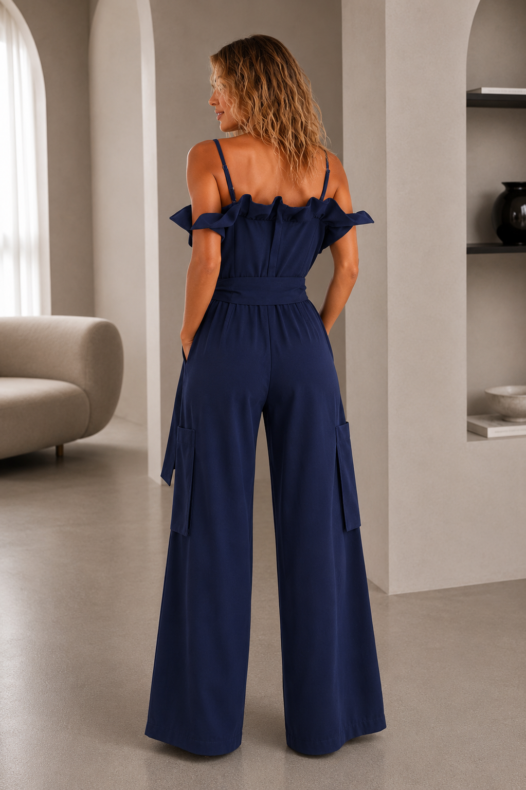 Ολόσωμη Φόρμα Navy με Oversized Γιακά &amp; Cargo Τσέπες