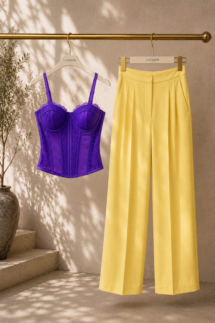 Μωβ structured κορσές και κίτρινο wide leg παντελόνι κρεμασμένα σε minimal fashion studio