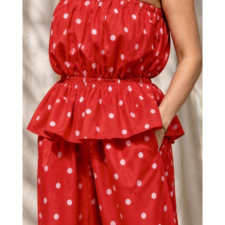 red polka dot set detail strapless top elastic waist close up women outfit